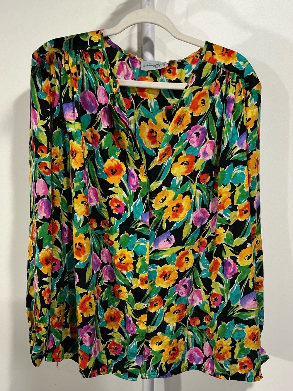 Adrianna Papell Black Floral V-Neck Long-Sleeve Silk Blouse